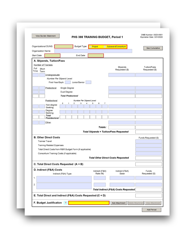 PHS 398 Training Budget and Cumulative Budget Form