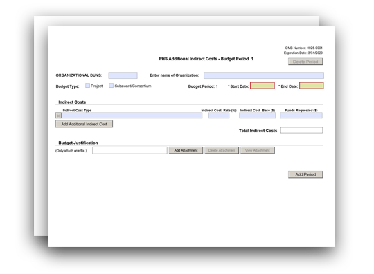 PHS Additional Indirect Cost - Pudget Period 1 and Cumulative Budget