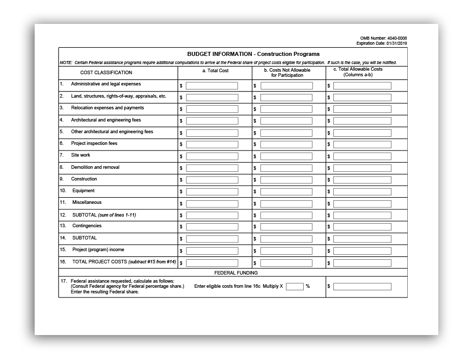 Budget Form for Construction Grants