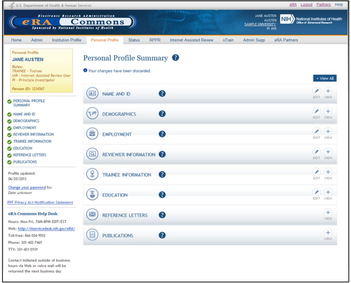 Screenshot of Personal Profile Summary