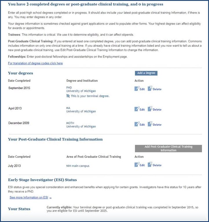 Screenshot of Education section showing Early Stage Investigator (ESI) status