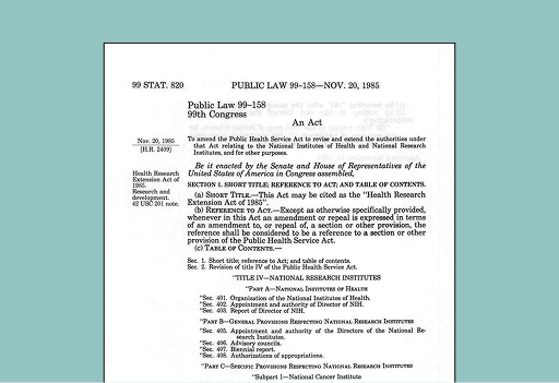 First page of Public Law 99-158 (Health Research Extension Act of 1985) document.