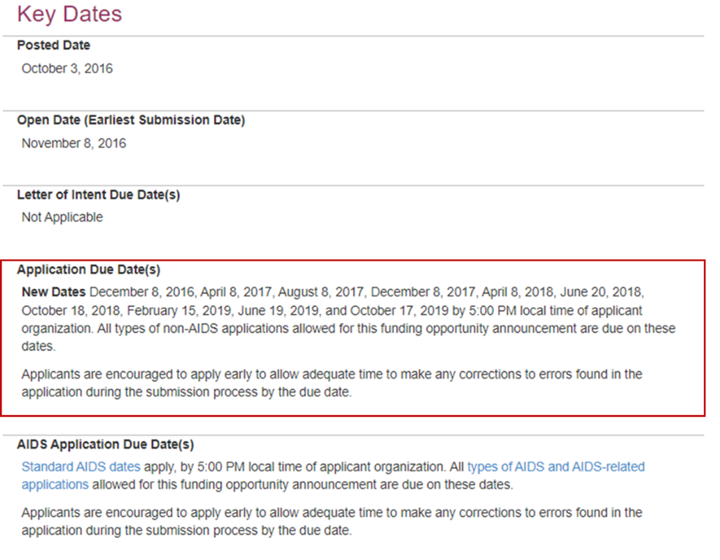 Example fellowship funding opportunity indicating under the Key Dates section that application due dates have changed. The new due dates are indicated for the NOFO and applicant guidance is provided.