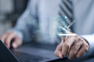 A person using a laptop with a stylus and virtual document interface, indicating digital document review or editing.